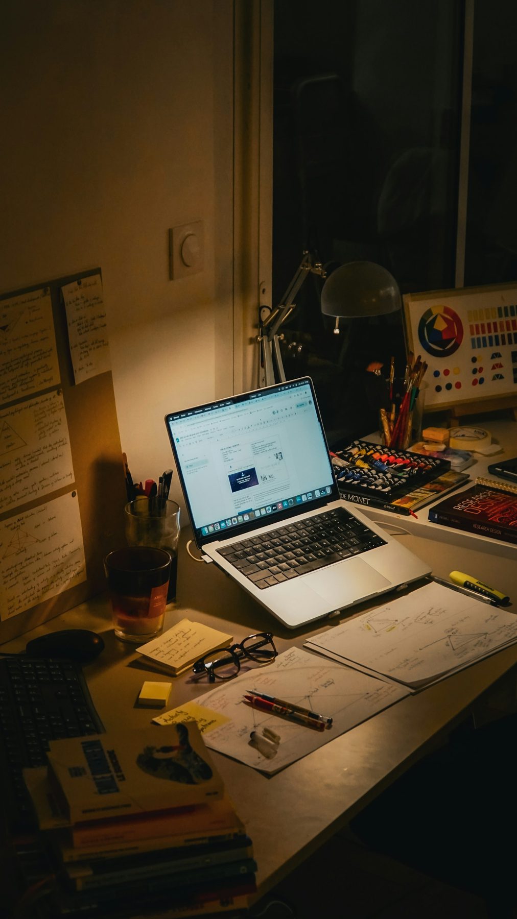 A desk with a laptop at night