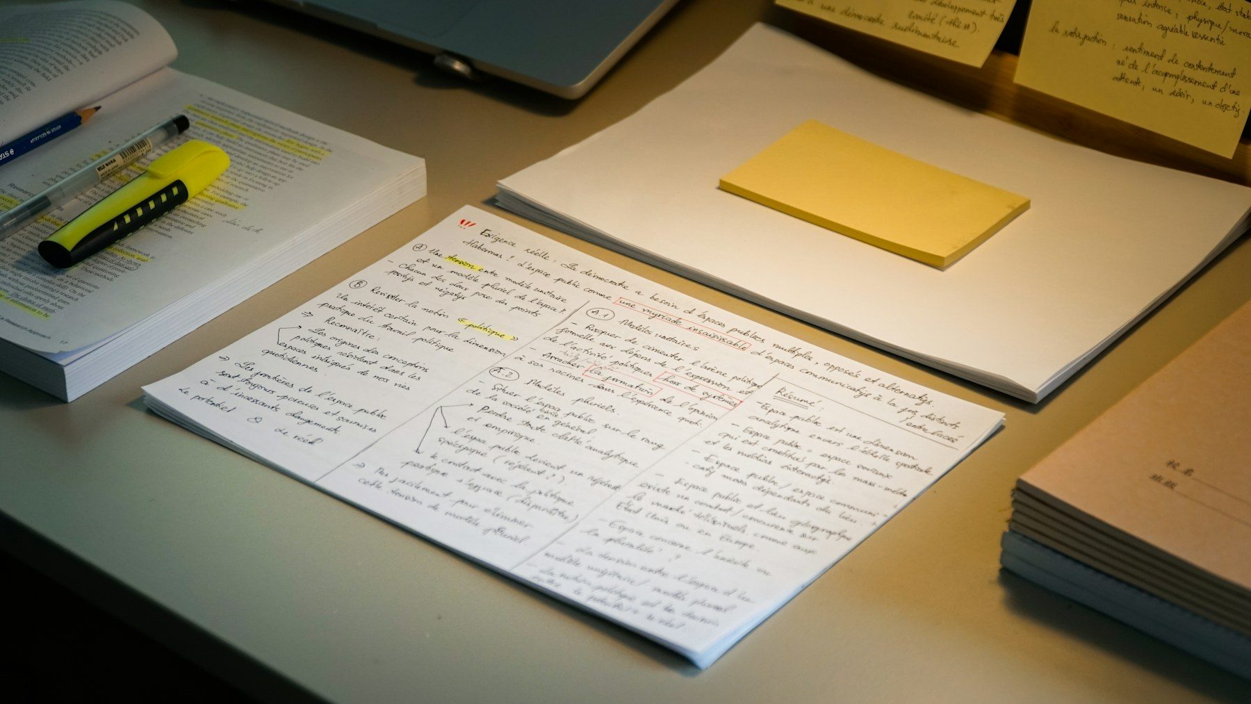 Handwritten notes and papers on a desk